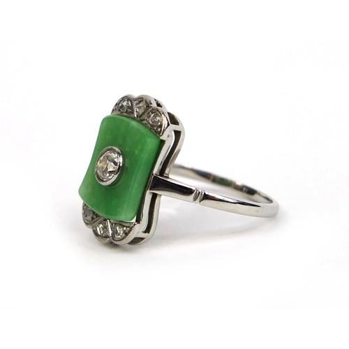 763 - Art Deco 18ct white gold diamond and jade ring set with seven diamonds, size O, approximate weight 3... 