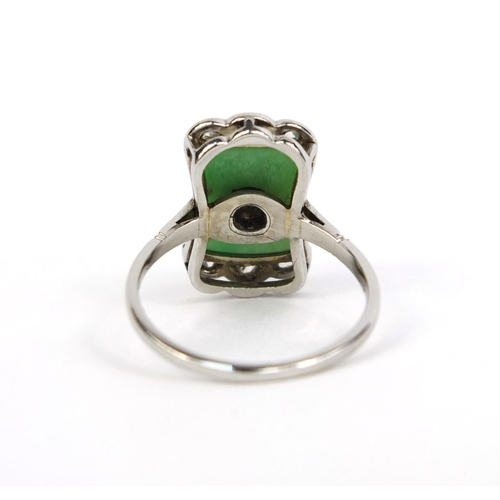 763 - Art Deco 18ct white gold diamond and jade ring set with seven diamonds, size O, approximate weight 3... 