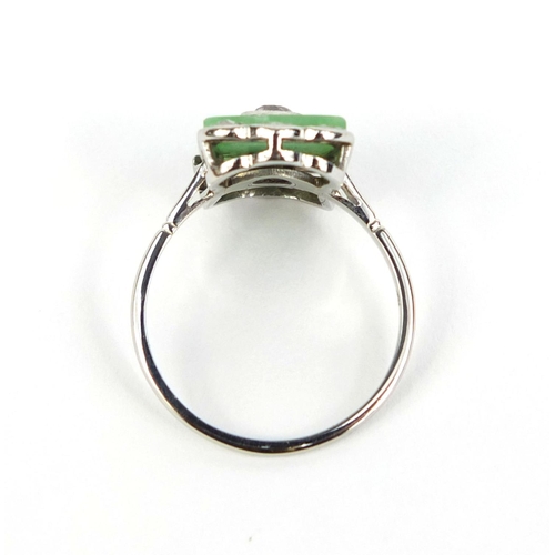 763 - Art Deco 18ct white gold diamond and jade ring set with seven diamonds, size O, approximate weight 3... 