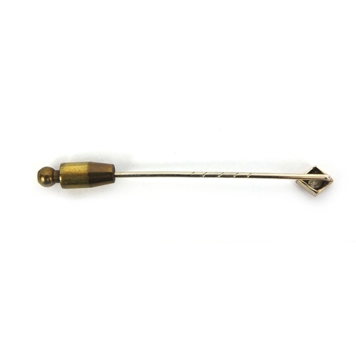 832 - Unmarked white metal diamond solitaire tie pin, 6cm long, approximate weight 2.8g