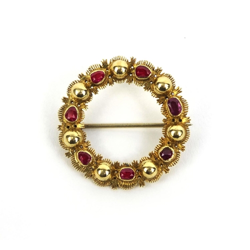 796 - Antique unmarked gold ruby brooch, 3cm in diameter, approximate weight 8.4g