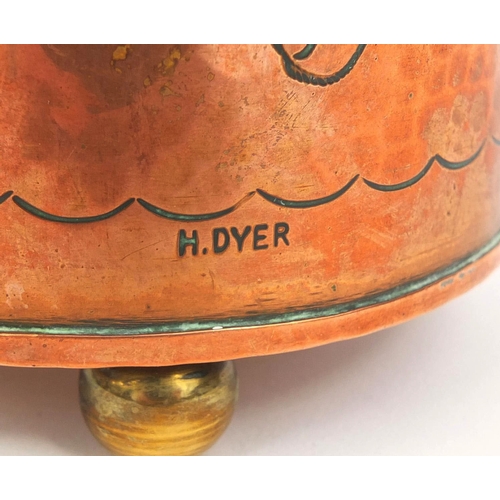 635 - Arts & Crafts Herbert Dyer copper tobacco jar, with lift off lid and of cylindrical form, embossed w... 