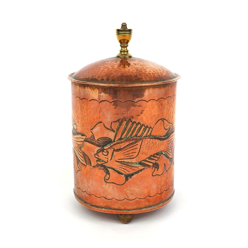 635 - Arts & Crafts Herbert Dyer copper tobacco jar, with lift off lid and of cylindrical form, embossed w... 