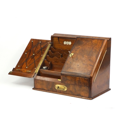 16 - Victorian walnut stationery box with day date calendar, letter rack, inkwells and brass fittings, 33... 