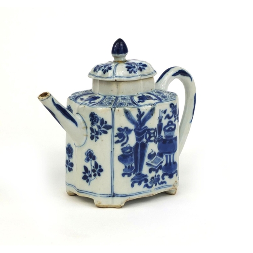 397 - Chinese blue and white porcelain shaped teapot, hand painted with insects amongst foliage and still ... 