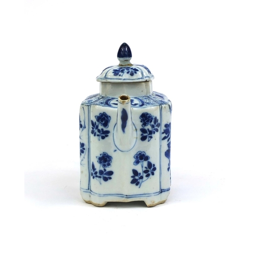 397 - Chinese blue and white porcelain shaped teapot, hand painted with insects amongst foliage and still ... 