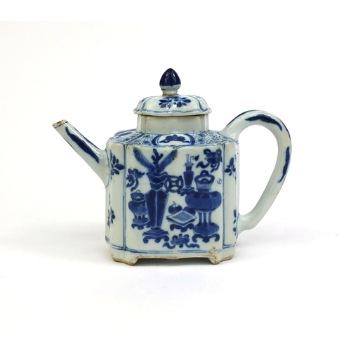 397 - Chinese blue and white porcelain shaped teapot, hand painted with insects amongst foliage and still ... 