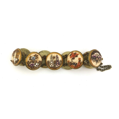 432 - Japanese Satsuma pottery bracelet hand painted with panels of flowers and birds, each panel approxim... 