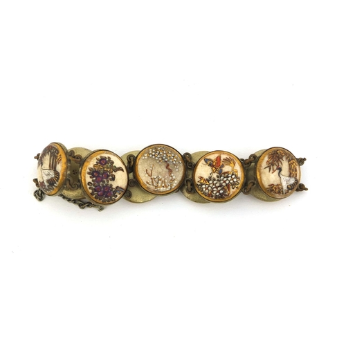 432 - Japanese Satsuma pottery bracelet hand painted with panels of flowers and birds, each panel approxim... 