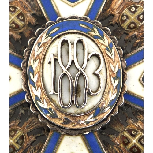 286 - Military interest Serbian Order of Saint Sava silver and enamelled badge, dated 1883, 6cm high, appr... 