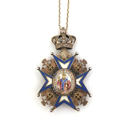 286 - Military interest Serbian Order of Saint Sava silver and enamelled badge, dated 1883, 6cm high, appr... 