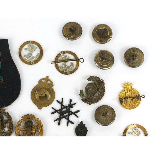 280 - Collection of British Military Naval interest cap badges and pips, together with a Christmas 1914 br... 