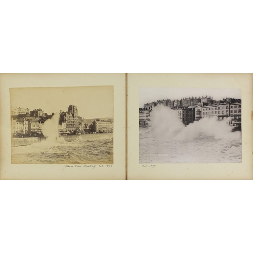 140 - 19th century album of black and white photographs including Storm view Hastings, Rough sea Hastings,... 