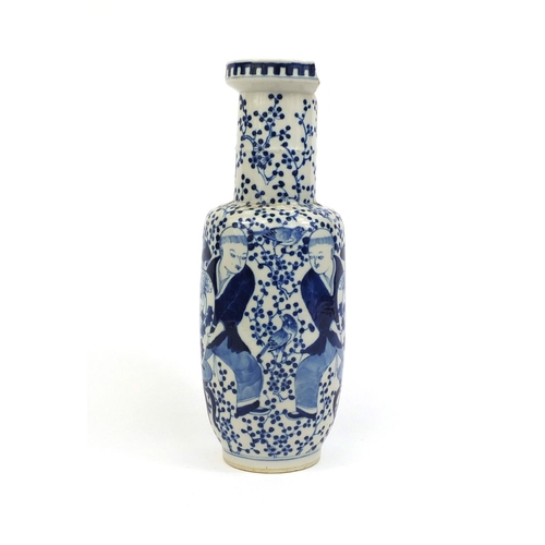 385 - Chinese blue and white porcelain rouleau vase, hand painted with children and vases amongst trees, s... 