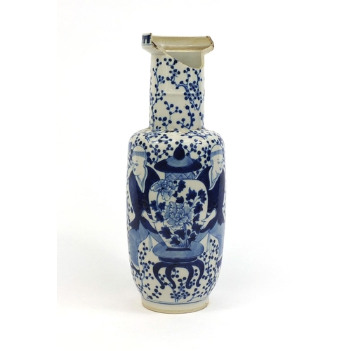 385 - Chinese blue and white porcelain rouleau vase, hand painted with children and vases amongst trees, s... 