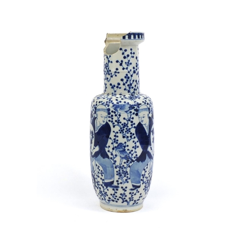 385 - Chinese blue and white porcelain rouleau vase, hand painted with children and vases amongst trees, s... 