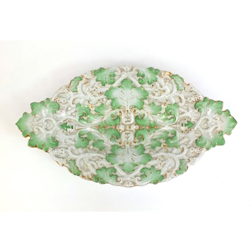 551 - Meissen porcelain dish, hand painted gilded and embossed with leaves, crossed sword marks, 41cm wide