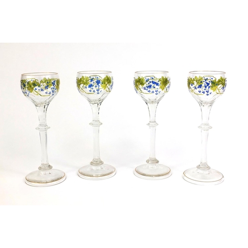 571 - Set of four German Theresienthal glasses, hand painted with fruiting vines, each 21.5cm high