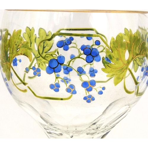 571 - Set of four German Theresienthal glasses, hand painted with fruiting vines, each 21.5cm high