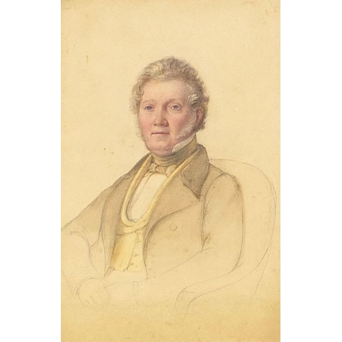 906 - Pair of well detailed 19th century watercolour portraits, one of a formerly dressed gentleman seated... 