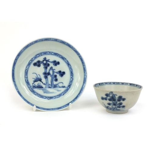 414 - Chinese Nanking Cargo blue and white porcelain tea bowl and saucer, each with Christies lot label to... 