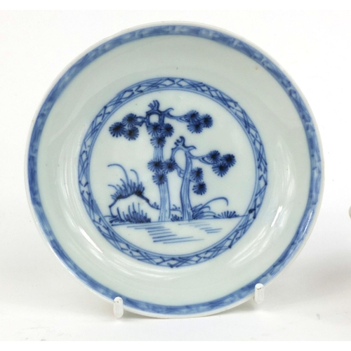 414 - Chinese Nanking Cargo blue and white porcelain tea bowl and saucer, each with Christies lot label to... 