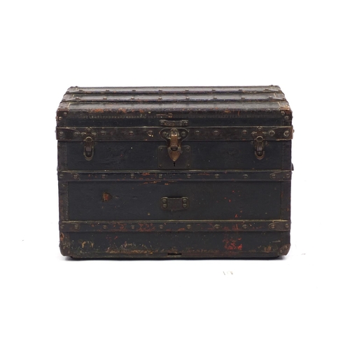 15 - 19th century Louis Vuitton leather bound wooden travelling trunk with carrying handles, 41cm high x ... 