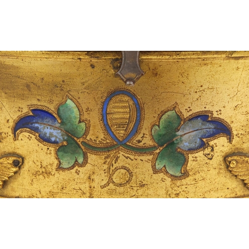 11 - Oval gilt brass and enamelled casket with bevelled glass and griffin legs, 10cm high x 16cm wide x 1... 