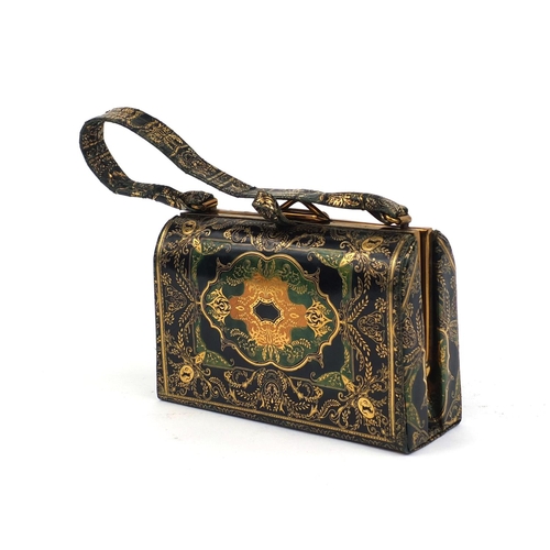 47 - Vintage tooled leather ladies evening bag with floral decoration, 17cm wide