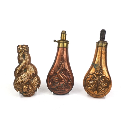 297 - Group of three Military interest brass and copper powder flasks including one decorated with game, t... 