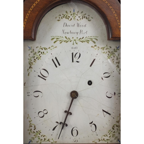 735 - Inlaid mahogany shelf clock with carved fretwork and brass urn shaped finials, the painted dial insc... 