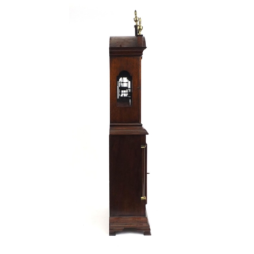 735 - Inlaid mahogany shelf clock with carved fretwork and brass urn shaped finials, the painted dial insc... 