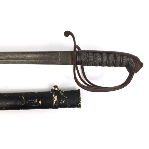 304 - Military interest Timewell of London dress sword, with scabbard and wire bound shagreen grip, the st... 