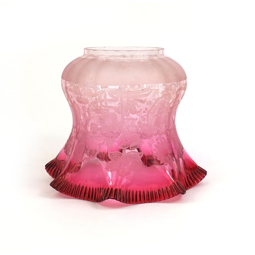 579 - Victorian frilled cranberry and clear glass lampshade with etched floral decoration, 17cm high