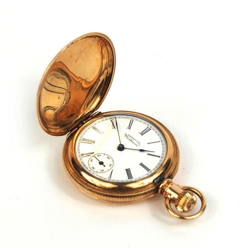 880 - Ladies gold plated full hunter pocket watch with engine turned decoration, 3.5cm in diameter, approx... 