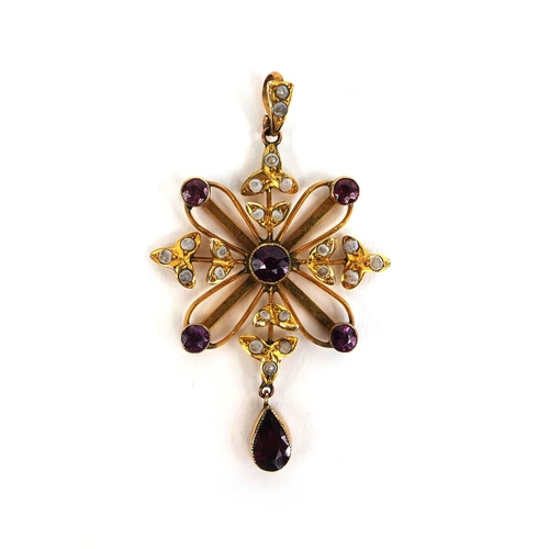 784 - Art Nouveau 9ct gold amethyst and seed pearl pendant, 5cm long, approximate weight 4.0g