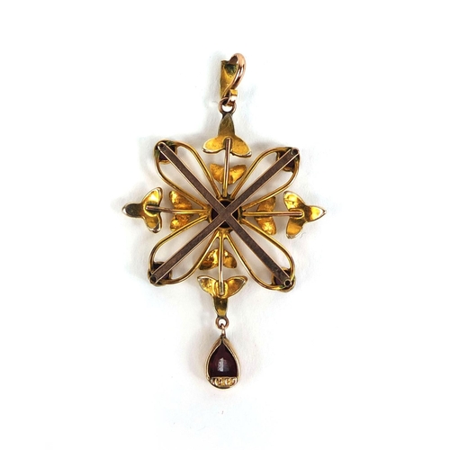 784 - Art Nouveau 9ct gold amethyst and seed pearl pendant, 5cm long, approximate weight 4.0g