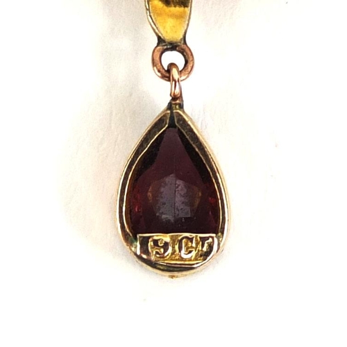 784 - Art Nouveau 9ct gold amethyst and seed pearl pendant, 5cm long, approximate weight 4.0g