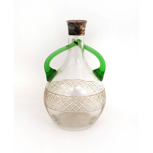 598 - Cut glass bottle vase with green handles and silver collar, indistinct London hallmarks, 18cm high