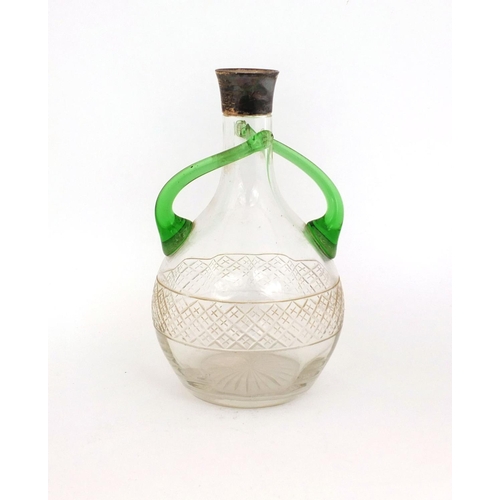 598 - Cut glass bottle vase with green handles and silver collar, indistinct London hallmarks, 18cm high