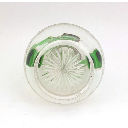 598 - Cut glass bottle vase with green handles and silver collar, indistinct London hallmarks, 18cm high