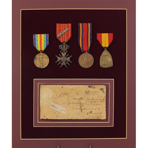 266 - British Military interest World War I framed display medal group awarded to PTE.A.GREY.CHES.R. inclu... 