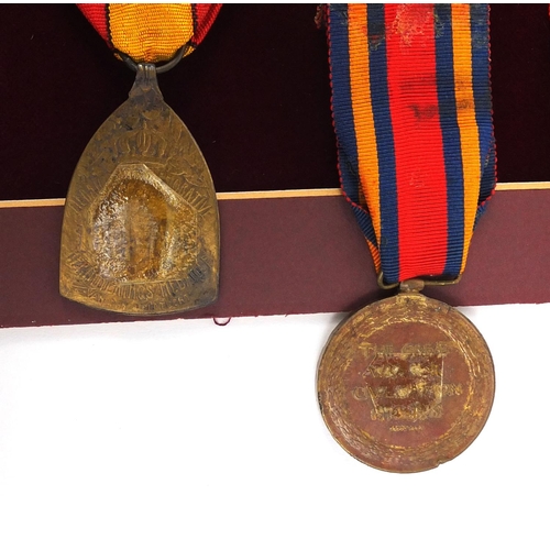 266 - British Military interest World War I framed display medal group awarded to PTE.A.GREY.CHES.R. inclu... 