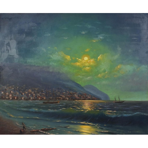 926 - Unframed oil onto canvas, Izmir coastal scene, 104cm x 81cm