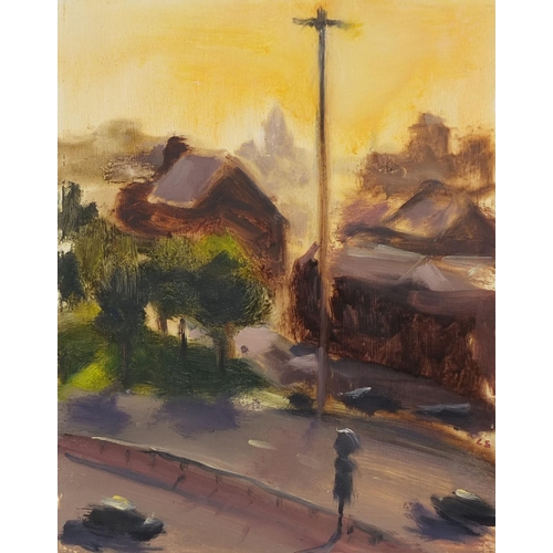 887 - Liam Spencer 1996 - Oil onto board, morning sunlight, titled and labelled verso, mounted and framed,... 