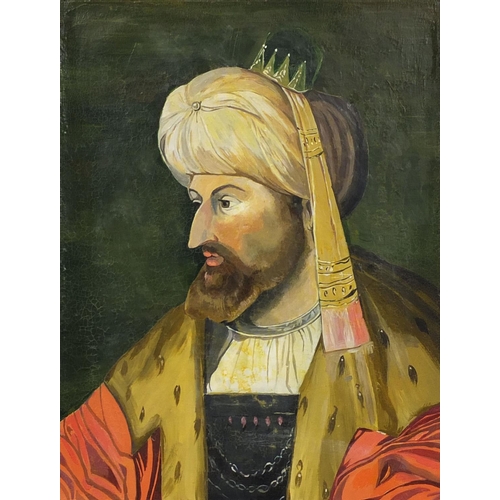 902 - Unframed oil onto canvas, portrait of a ottoman sultan, 41cm x 33cm