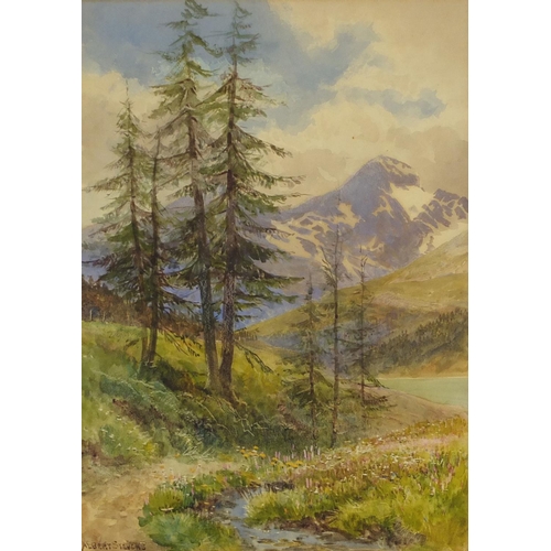 946 - Albert Stevens - Watercolour, mountain landscape, label verso, mounted and framed, 38cm x 28cm exclu... 