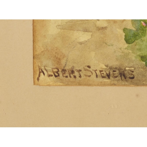 946 - Albert Stevens - Watercolour, mountain landscape, label verso, mounted and framed, 38cm x 28cm exclu... 