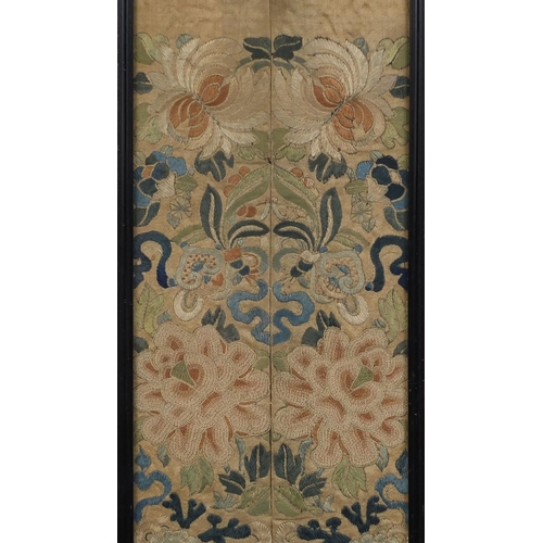 482 - Pair of Chinese silk embroidered sleeves decorated with flowers, both framed, 72cm x 17cm excluding ... 