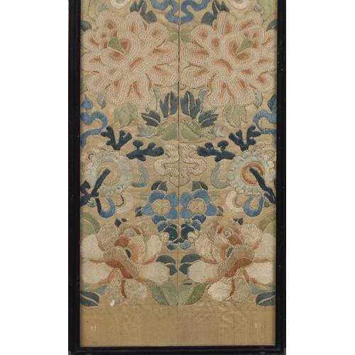 482 - Pair of Chinese silk embroidered sleeves decorated with flowers, both framed, 72cm x 17cm excluding ... 